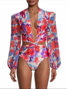 Floral Plunge V-Neck Cutout One-Piece Swimsuit - Red, Purple, Blue